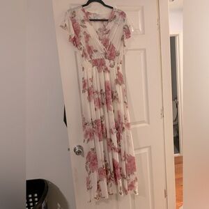 Long elegant white dress with pink flowers